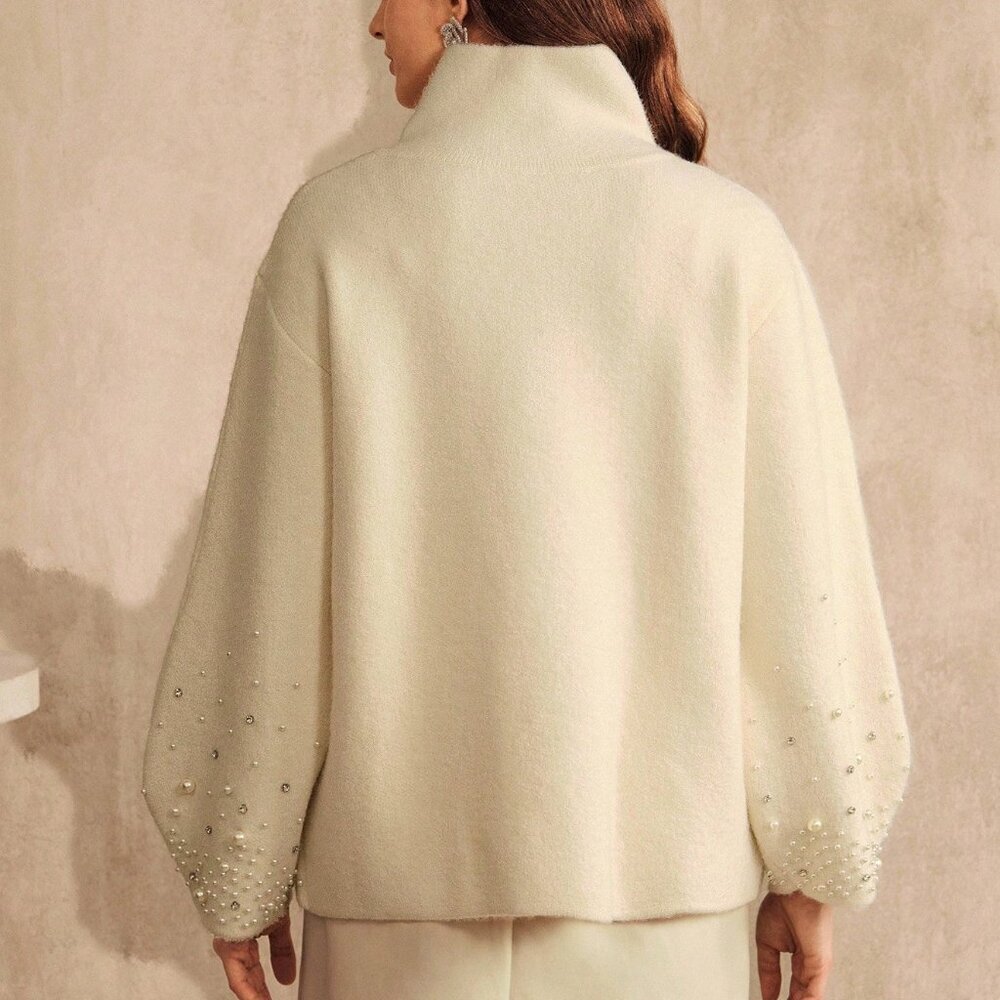 Cream Casual Women's Cardigan with Pearl & Rhinestone Details - Picture 2 of 11